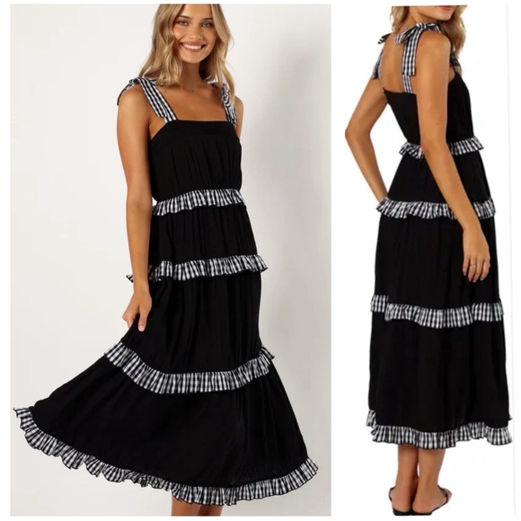 Petal & Pup Dresses & Skirts - Petal & Pup Chantry Check Ruffle tie strap maxi dress, black & white, sz L, NWT